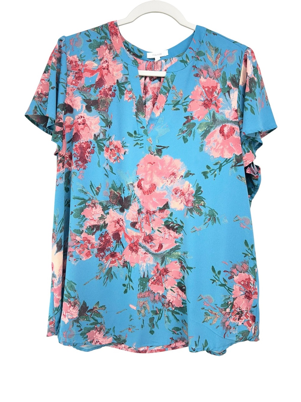 Maurices Blue Pink Floral Flutter Sleeve Split Neck Womens Plus Size 0X Blouse